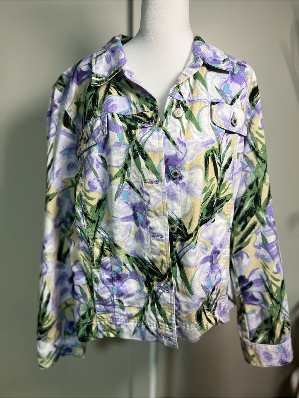 JM Collection Lavender Floral Jean Jacket with Green Leaf Print